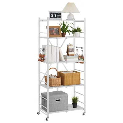 Agaile 5-tier Foldable Storage Shelf, 28 W X 15d X 64h Inch Folding Metal Rack Shelving Unit, No Assembly O In White