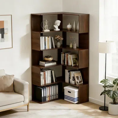 Agaile 6 Tier Corner Bookshelf, 66" Tall L Shaped Bookshelf With Baffle, Freestanding Display Corner Shelf, In Brown