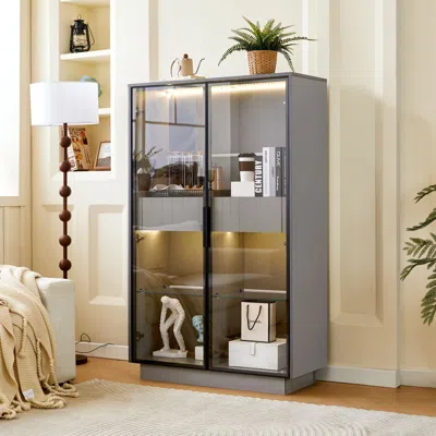 Agaile 60.6'' Tall Display Cabinet With Tempered Glass Door, Led Lighting, Two Drawers, Modern Style Storag In Gray
