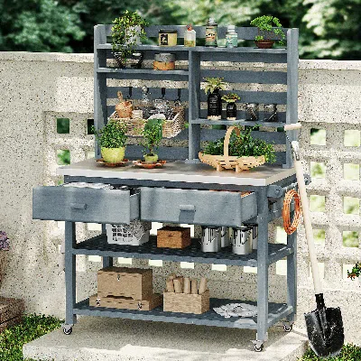 Agaile 64.9"h Outdoor Potting Bench Table With Lockable Wheels, Solid Wood Outdoor Kitchen Island With Uppe In Blue