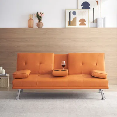 Agaile 67" Orange Leather Office Sofa Bed, Double Fold, With Coffee Table, Multifunctional