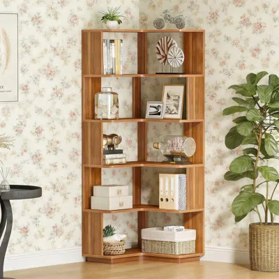 Agaile 6-tier Corner Bookshelf, 64.96" Corner Bookcase With Anti-drop Panel In Brown
