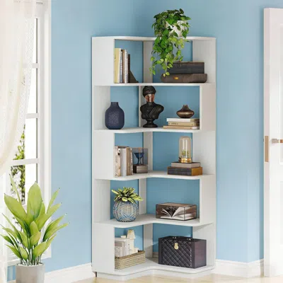 Agaile 6-tier Corner Bookshelf, 64.96" Corner Bookcase With Anti-drop Panel In White