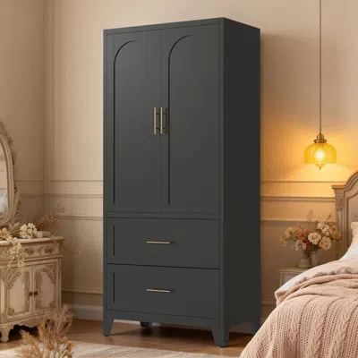 Agaile 71" Tall Metal Wardrobe Cabinet With 2 Drawers And Hanging Rod, 2 Doors Wardrobe Closet With Shelf F In Black