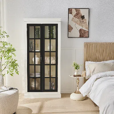 Agaile 71.2'' Freestanding Pantry Cabinet With Glass Door, Farmhouse Display Cabinets With Storage, Curio C In White