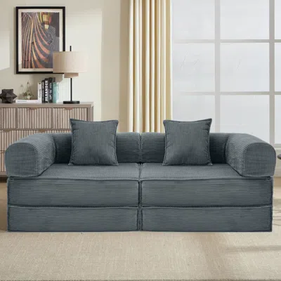 Agaile 78" Convertible Sleeper Sofa Bed, Modular Corduroy Couch With 2 Pillows, Compressed Floor Sofa For L In Blue