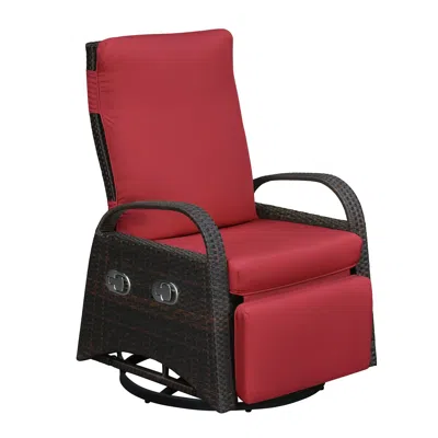 Agaile Adjustable Outdoor 360° Swivel Rattan Recliner Chair With Cushion For Patio, Porch, Yard And Garden In Red