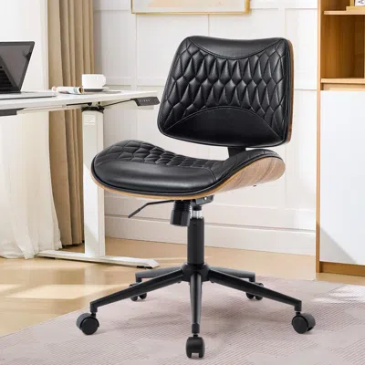 Agaile Armless Office Chair With Wheels, Adjustable Height Mid Back Small Desk Chair, Modern Walnut Bentwoo In Black