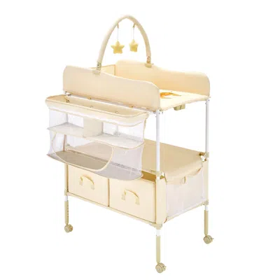 Agaile Baby Changing Table, Foldable Diaper Change Station With 2 Fabric Drawers, Side Basket & Hanging Rod In Gold