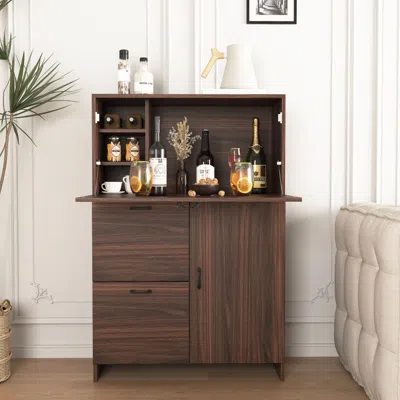Agaile Bar Cabinet With Storage Drawer & Shelves, Fold-up Desktop, Ideal For Home,dormitory, Small Spaces In Brown