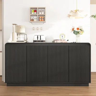 Agaile Black 4-door Fluted Tv Stand With Power Outlet, Handleless Wave Design Entertainment Center, Adjusta In Brown