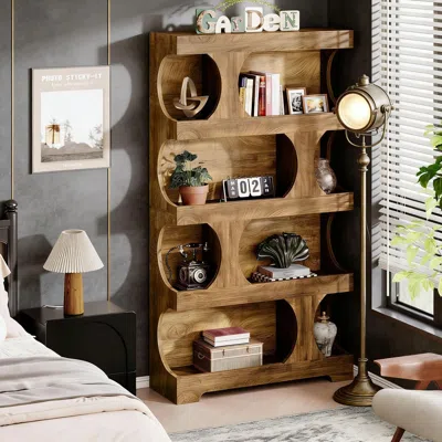 Agaile Bookshelf, 4-tier S-shaped Bookcase Freestanding Display Shelves In Brown
