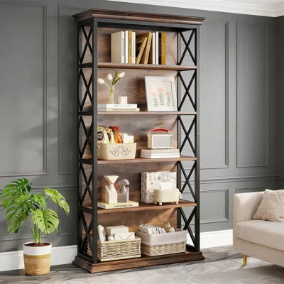 Agaile Bookshelf, Betagere Metal And Wooden Bookcase For Home Office In Brown