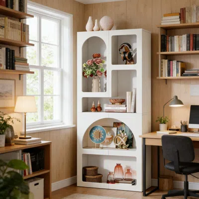 Agaile Bookshelf, Geometric Bookcase Display Shelf With 5 Irregular Storage Shelves In White