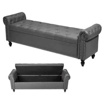 Agaile Button-tufted Storage Ottoman Bench, Rolled Arm Pu Leather Bench With Solid Wood Legs, Modern Shoe B In Gray