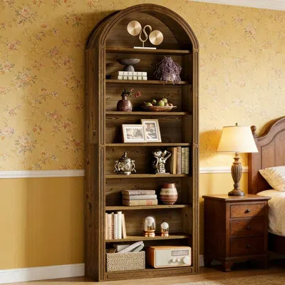 Agaile Closed Back Design Bookcase,generous Bookshelf,arched Display Shelving In Brown