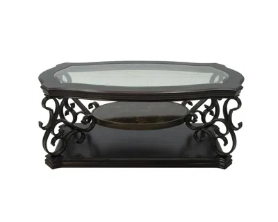 Agaile Cocktail Table, Glass Table Top, Mdf W/marble Paper Middle Shelf, Powder Coat Finish Metal Legs. (52 In Black