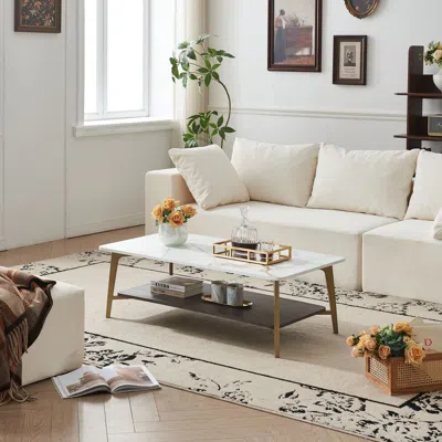 Agaile Coffee Table Rectangular Center Table For Living Room Open Space Side Table With Metal Frame In White