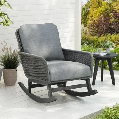 Agaile Contemporary Minimalist Gray Wicker Rocking Chair With Soft Polyester Cushions And Durable Wooden Fr