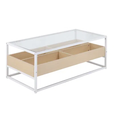 Agaile Display Contemporary Coffee Table In White Metal, Natural Wood, And Clear Glass By
