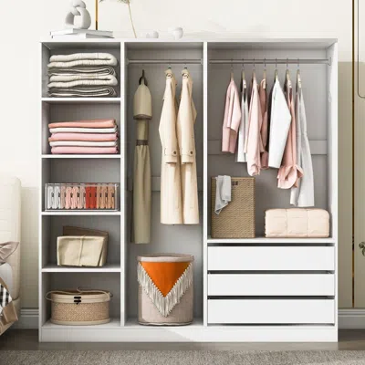 Agaile Doorless Wooden Storage Wardrobe For Dedroom With Shelves And 3 Drawers, White