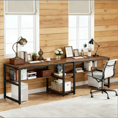 Agaile Double Computer Desk With Bookshelf, Office Furnitur In Brown