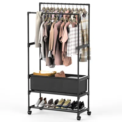 Agaile Double Rods Garment Rack With Storage Bag Portable Clothing Rack With Shelves Lockable Wheels Small  In Black