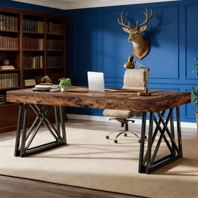 Agaile Executive Desk, Farmhouse Office Computer Desk With X-shaped Legs In Brown