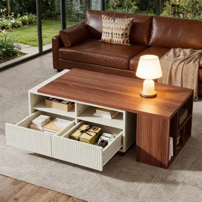 Agaile Extendable Coffee Table, Center Table With 2 Drawers And Reversible Tabletop In Brown