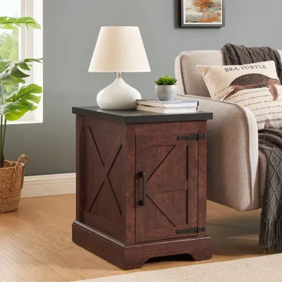 Agaile Farmhouse End Table Nightstand Rectangular Farmhouse End Table With Barn Door And Adjustable Storage In Brown