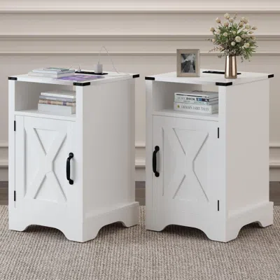 Agaile Farmhouse End Table With Charging Station Set Of 2, Rustic Night Stand With Storage Cabinet And Shel In White
