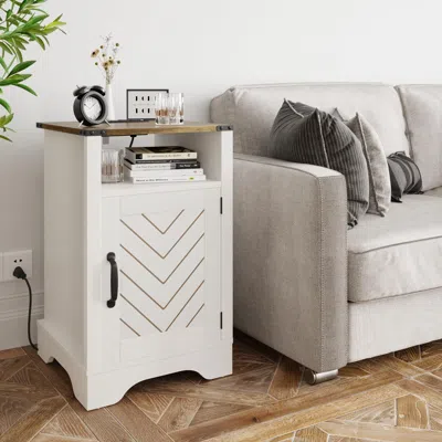 Agaile Farmhouse Nightstand With Charging Station Wooden End Table For Bedroom, Living Room, 16" D X 16" W  In White