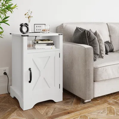 Agaile Farmhouse Nightstand With Charging Station Wooden Rustic End Table For Bedroom, Living Room, 16" D X In White
