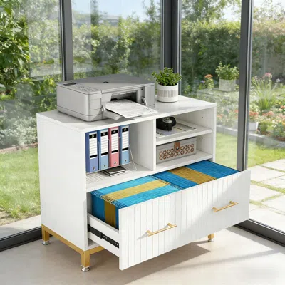 Agaile File Cabinet Printer Stand With Drawer & Open Storage Spaces In White