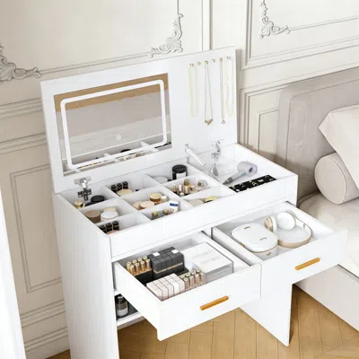 Agaile Flip Top Vanity Desk With Led Lighted Mirror & Built-in Outlet - Makeup Vanity Table With 2 Drawers, In White