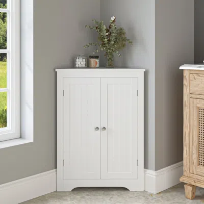Agaile Floor Corner Cabinet With 2 Doors And Adjustable Shelves, Freestanding Narrow Cabinet Organizer, Cor In White