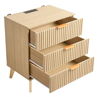 Agaile Fluted Nightstand With Charging Station, With 3 Drawers, Dresser For Bedroom, Mid Century Modern End In Brown