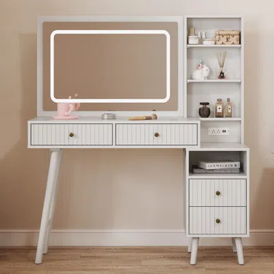 Agaile Fluted Vanity Desk With Led Lighted Mirror, Makeup Table With Drawers, 3 Lighting Colors Touch Contr In White