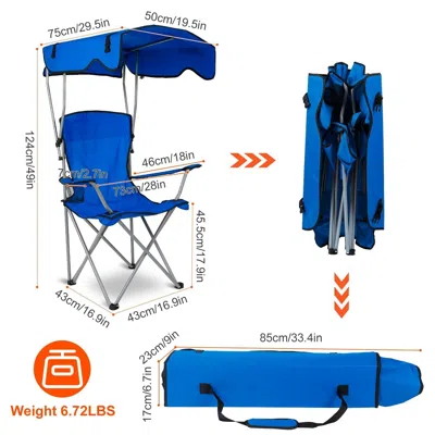 Agaile Foldable Beach Canopy Chair Sun Protection Camping Lawn Canopy Chair 330lbs Load Folding Seat W/ Cup In Blue