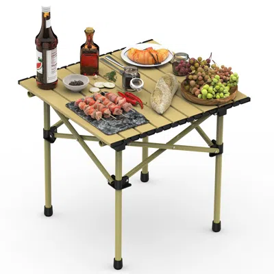 Agaile Folding Camping Table, Roll-up Steel Desk, Heavy-duty, Includes Carry Bag, Brown-51x53cm
