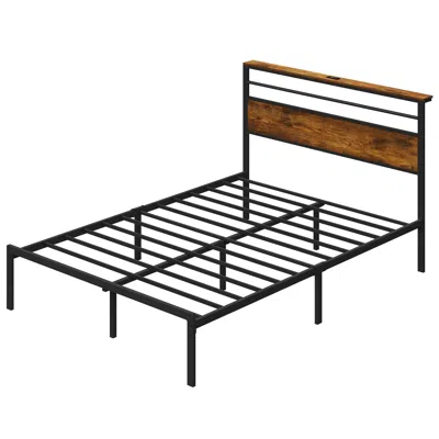 Agaile Full Bed Frame With Vintage Storage, Led Lights, Charging Station, Industrial Platform Bed With Meta In Brown