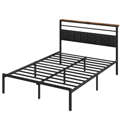 Agaile Full Size Bed Frame With Charging Station, Platform Bed With Metal Slats, Upholstered Headboard With In Black