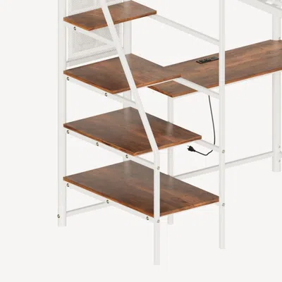 Agaile Full Size Loft Metal Bed With White For Bedroom And Dormitory, With Built-in Charging Station And Le In Brown