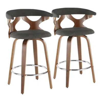 Agaile Gardenia Mid-century Modern Counter Stool In Walnut And Charcoal Fabric By - Set Of 2 In Gray