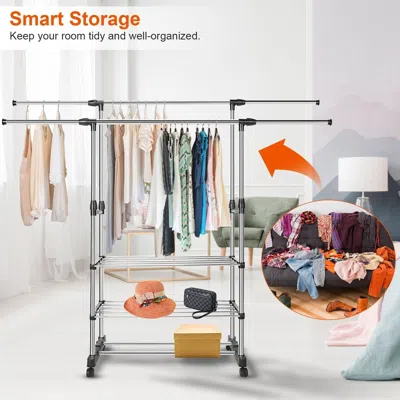 Agaile Garment Hanging Rack Extendable Clothing Hanging Rail Organizer With Rolling Wheels Hold Up To 77lbs In Silver