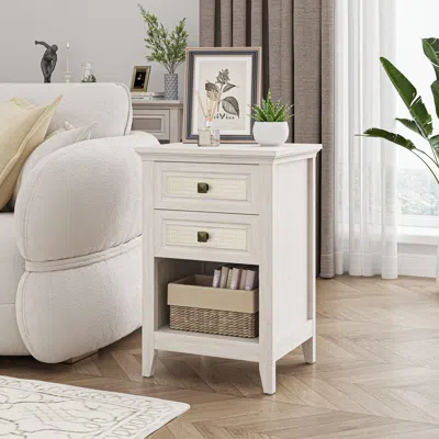 Agaile Grayish White Rattan Nightstand With Drawer, Boho 27" Tall Bedside Table With Storage For Small Spac