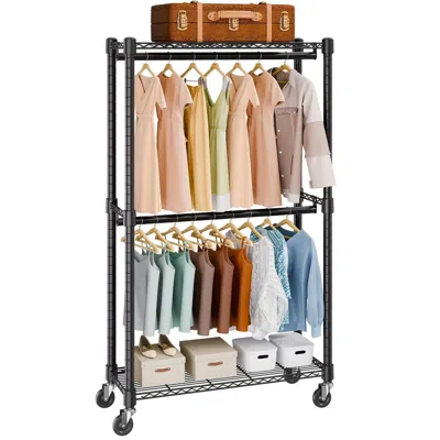 Agaile Heavy Duty Clothes Rack, Double Hanging Rods Clothing Garment Rack With Bottom And Top Storage Tier, In Black
