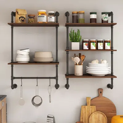 Agaile Industrial Pipe Shelf 3 Tier And 2 Tier Wall Mounted Shelves 36in Wood Display Shelves, And 3 Additi In Multi
