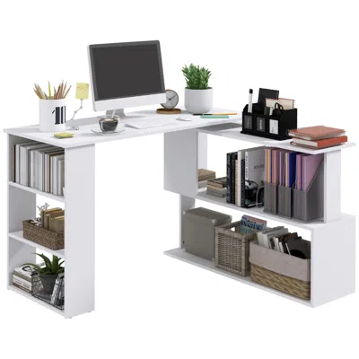 Agaile L Shaped Corner Desk, 360 Degree Rotating Home Office Desk With Storage Shelves, Writing Table Works In White
