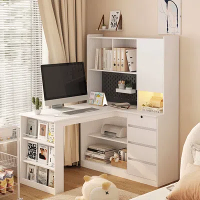 Agaile L Shaped Desk With Charger,computer Desk With Drawers,bookshelf, With Led Light,modern Corner Desk,h In Neutral